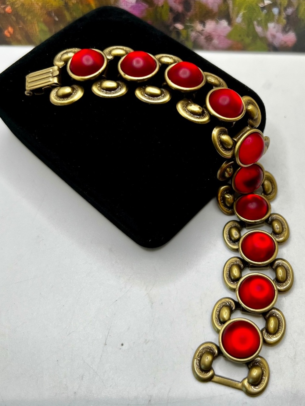 Brass Book Link Red Frosted Glass Bracelet